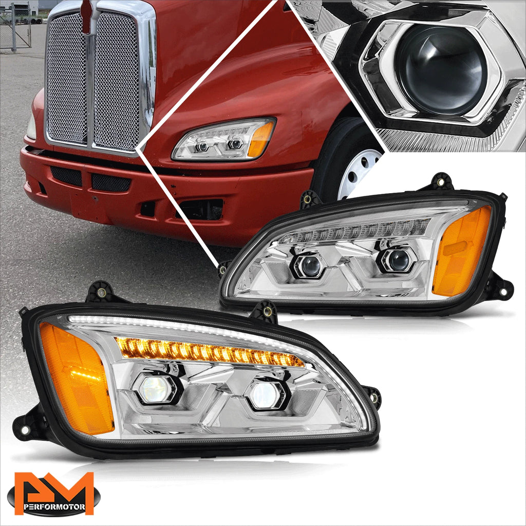 LED DRL Sequential Signal Projector Headlights Chrome for Kenworth T660 (2008–2017)
