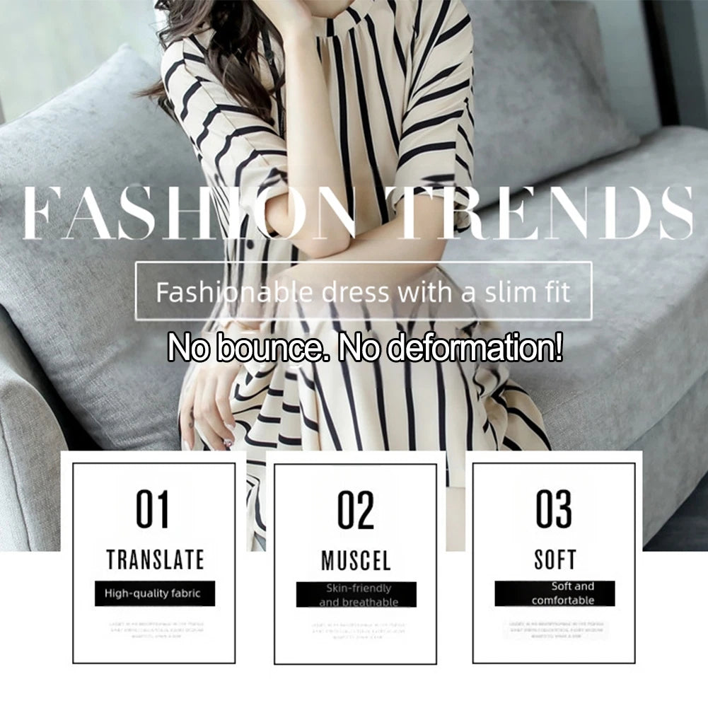 Mid-length Vertical Striped Dress with Cinched Waist for Women