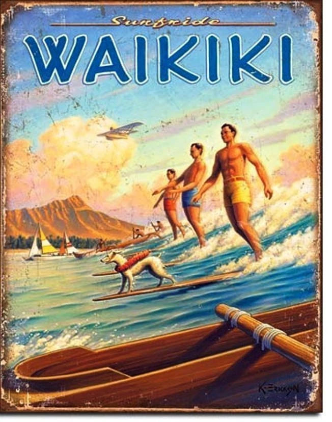 Vintage Replica Tin Metal Sign for Waikiki Surfside Beach (1988)