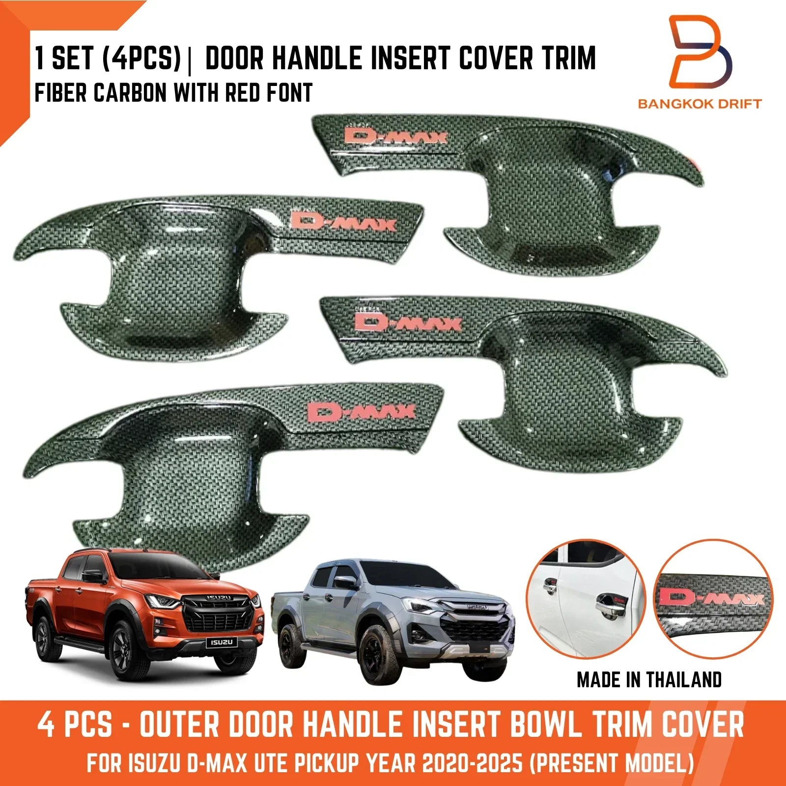 Carbon Fiber Red Door Handle Insert Trim for Isuzu D-Max (2020-2025)