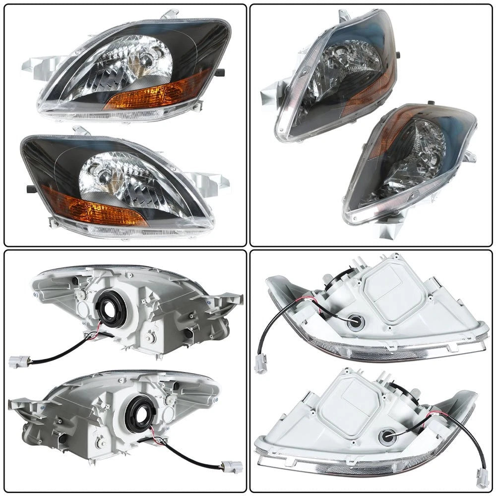 Replacement Headlight Set for Toyota Yaris (2007–2012) LH+RH Black Halogen Clear