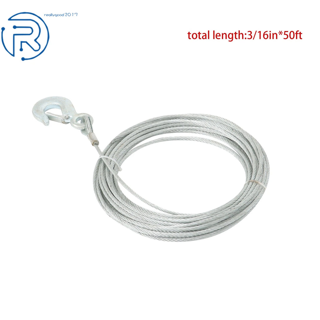 Winch Cable 3/16" × 50Ft Galvanized Steel with 1/4" G70 Slip Hook