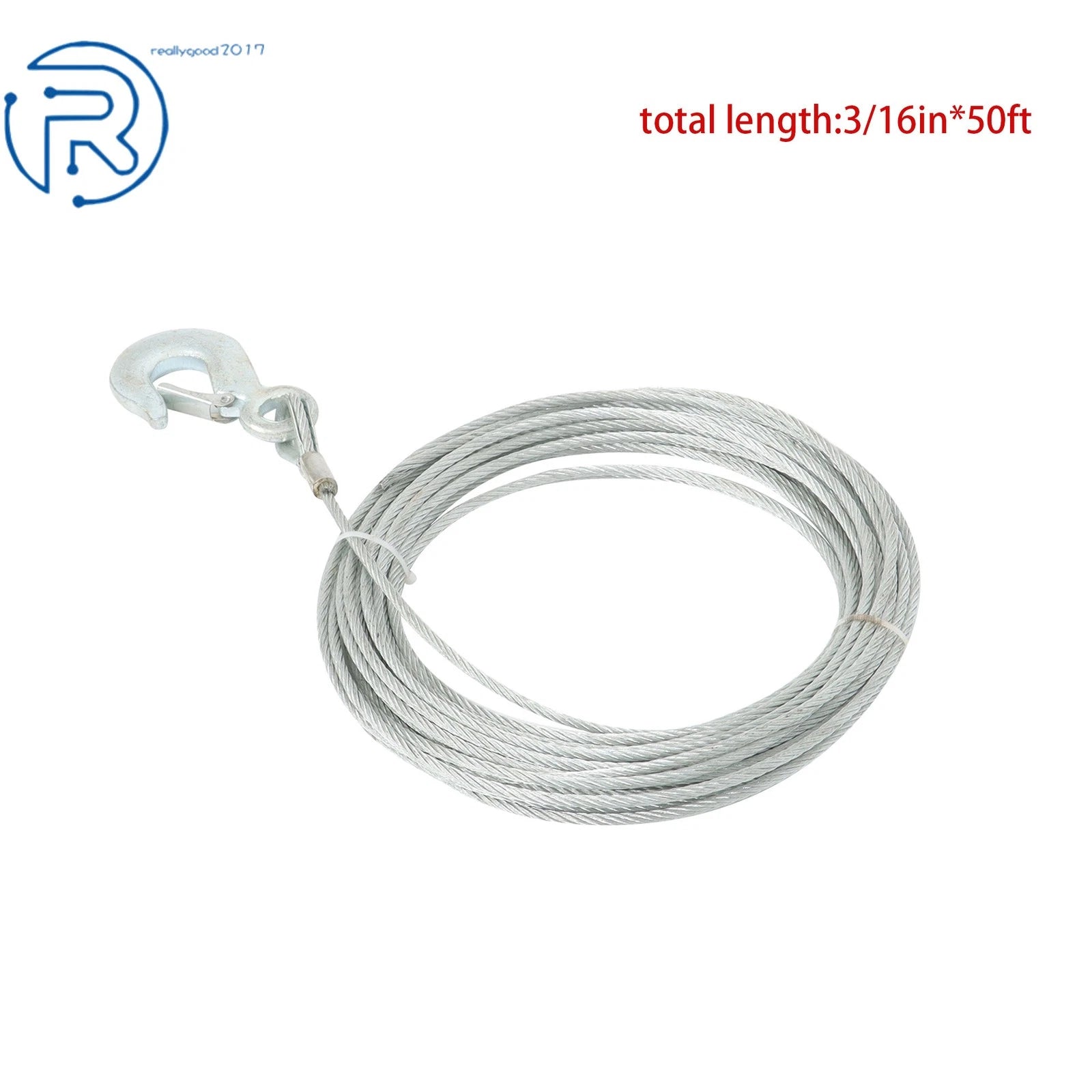 Winch Cable 3/16" × 50Ft Galvanized Steel with 1/4" G70 Slip Hook