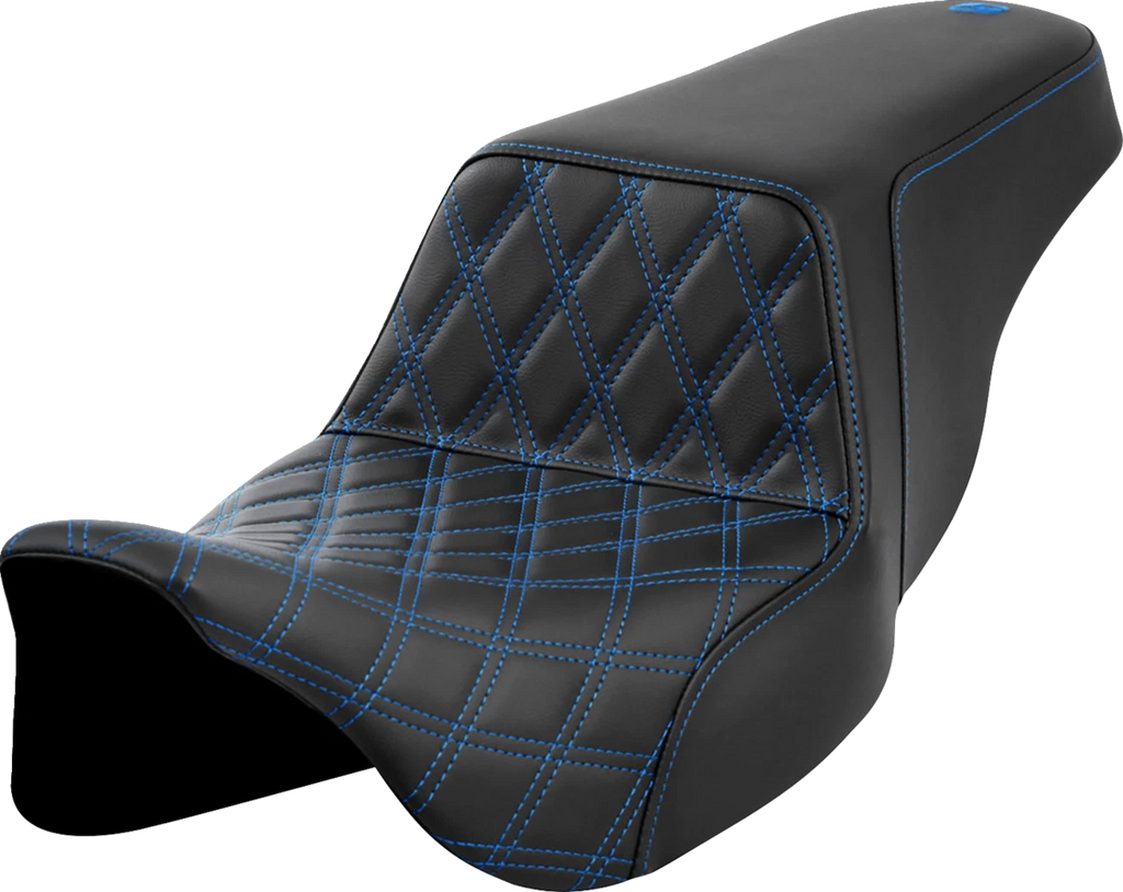 SADDLEMEN Step-Up Seat for FLH/FLT (2008–2023) - Front Lattice Stitch, Blue Stitch