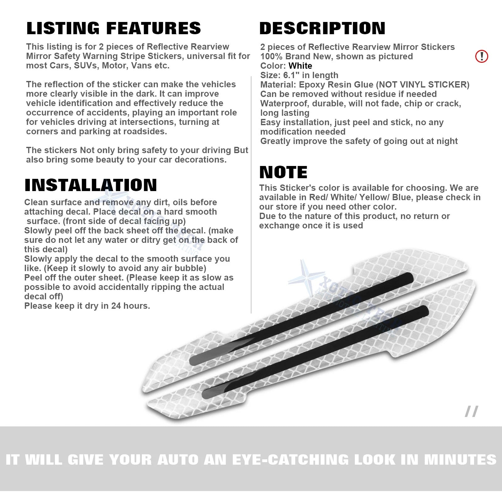 6.1" White Reflective Glow Warning Rearview Mirror Stickers for Cars (Universal)