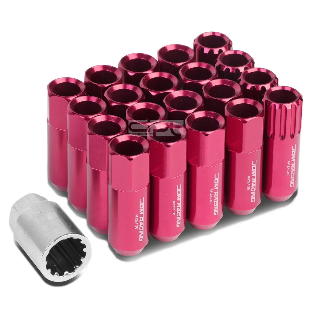 Set of 4 Open-End Aluminum Pink Lug Nuts + Adapter M12x1.5 (20mm OD/60mm Tall)