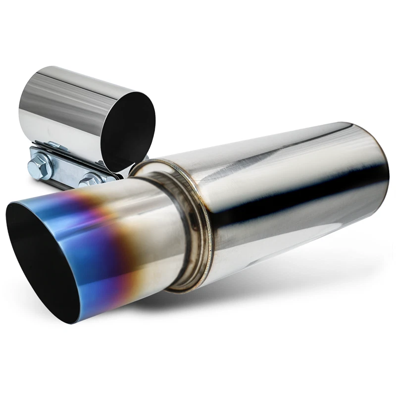 2.5" Inlet 4" Outlet Exhaust Muffler Diagonal Cut w/Joint Clamp Burnt Tip for