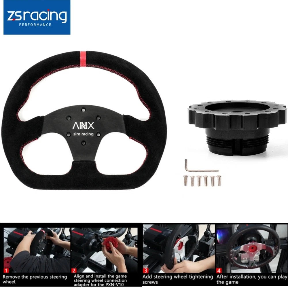 Suede Leather Steering Wheel + Black Hub Adapter for PXN V10