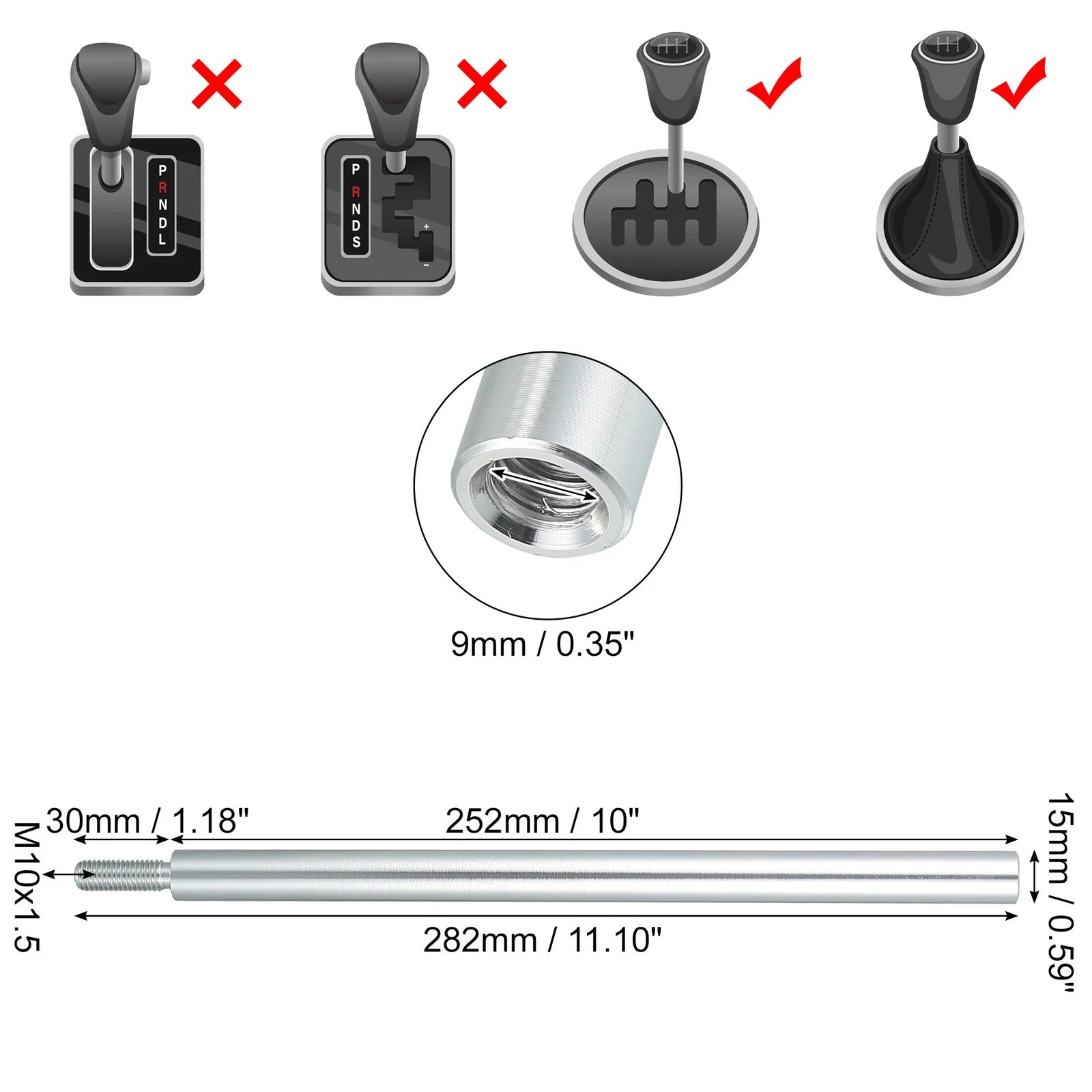 10" Shift Knob Aluminum Alloy Gear Shifter Lever M10x1.5 for Honda Acura 
