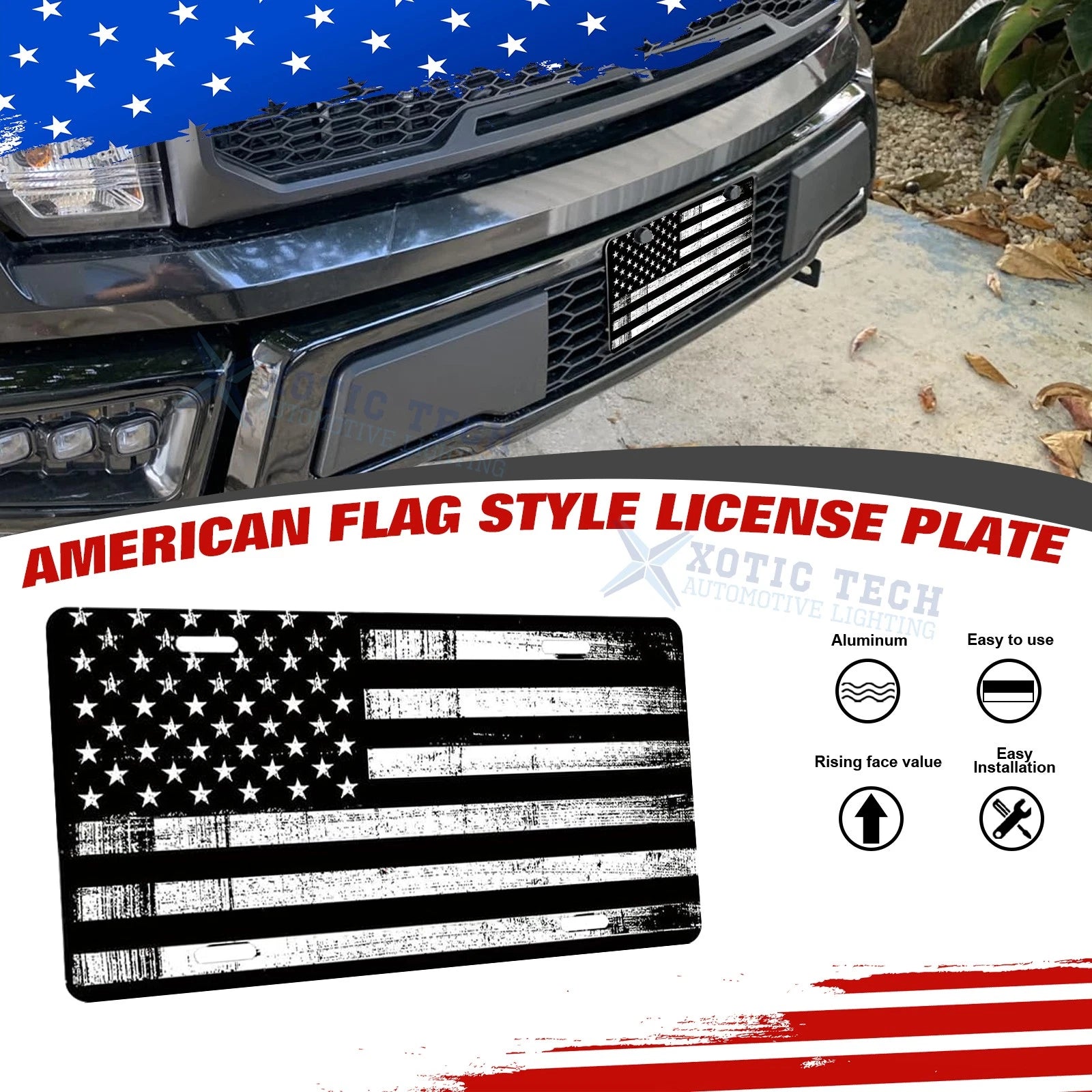 Distressed American Front Flag License Plate for Universal Fit (Black/White)