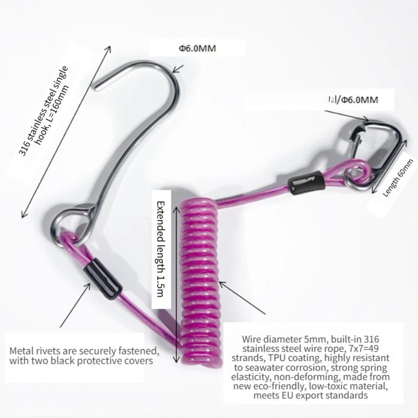 Spiral Spring Coil Lanyard with Flow Hook for Scuba Diving (316 SS)
