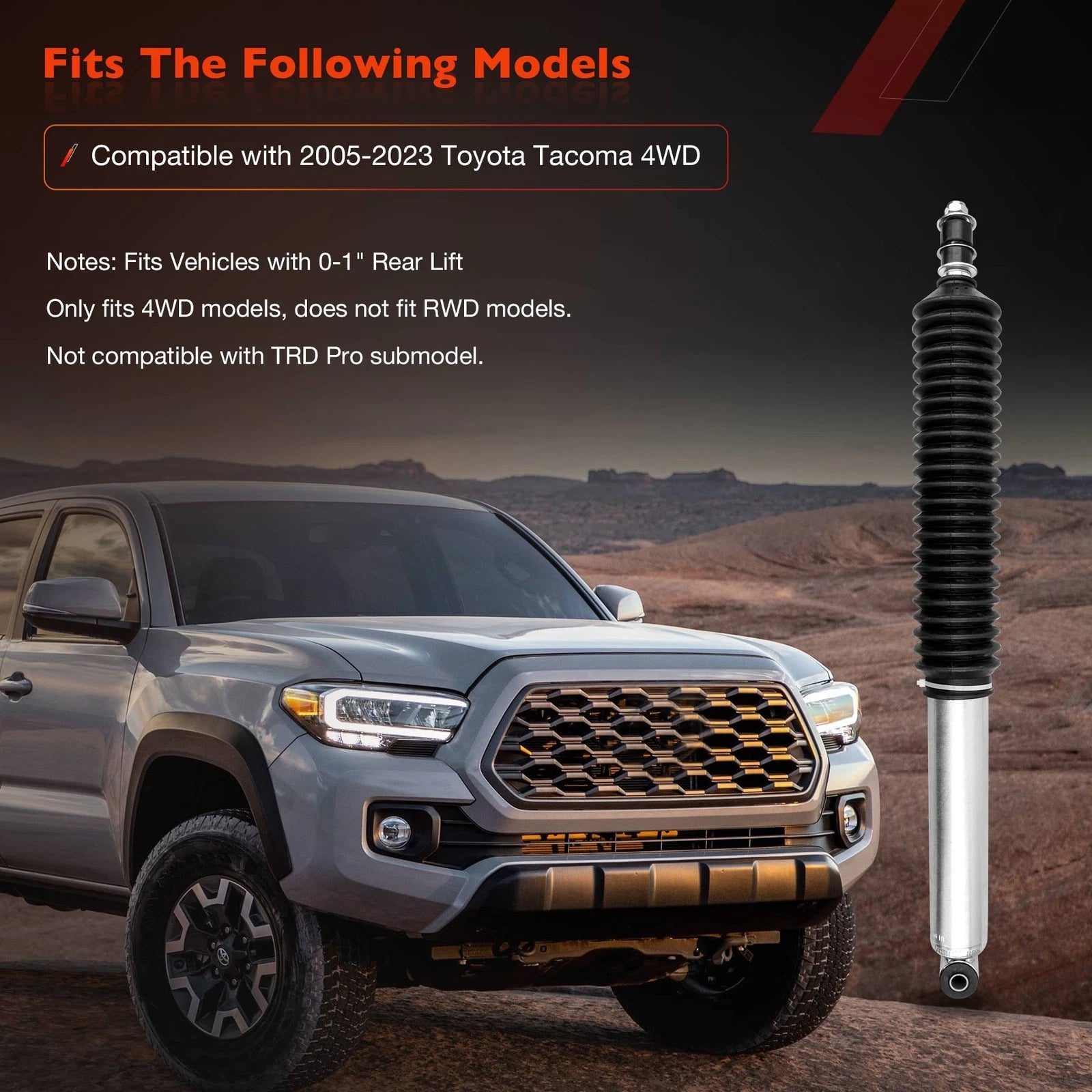 Rear Monotube Shock Absorber for Toyota Tacoma 4WD (2005–2015) w/ 0-1" Lift