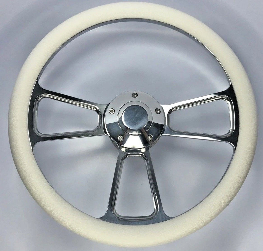 14 Inch Polished Billet 5 Hole Steering Wheel with White Wrap and Horn for