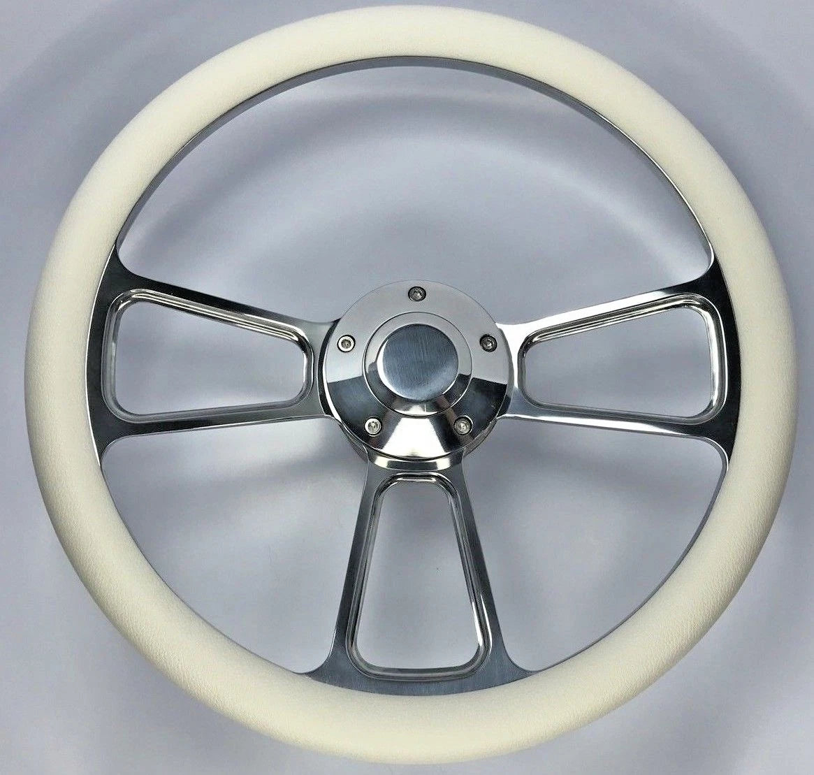 14 Inch Polished Billet 5 Hole Steering Wheel with White Wrap and Horn for
