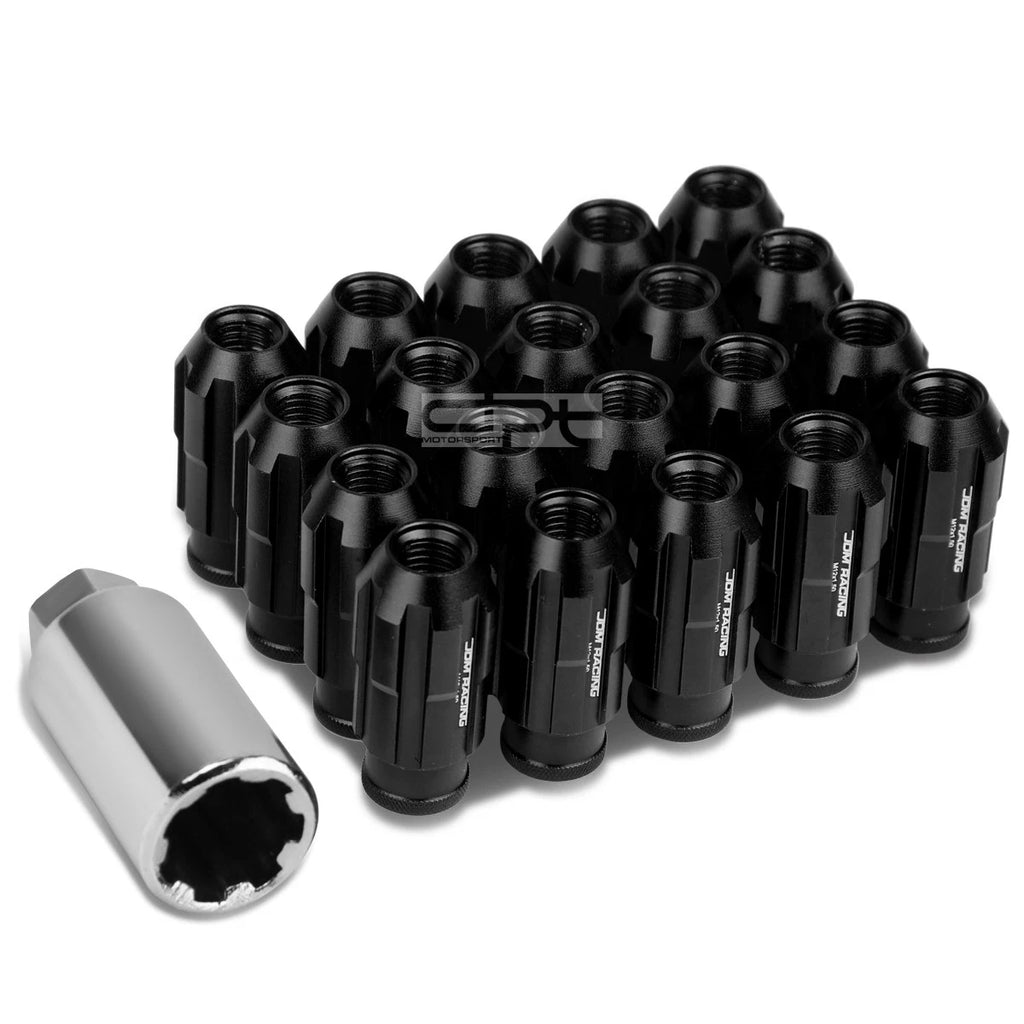 20 PCS Open End M12x1.5 50mm Tall Black Aluminum Lug Nuts + Adapter