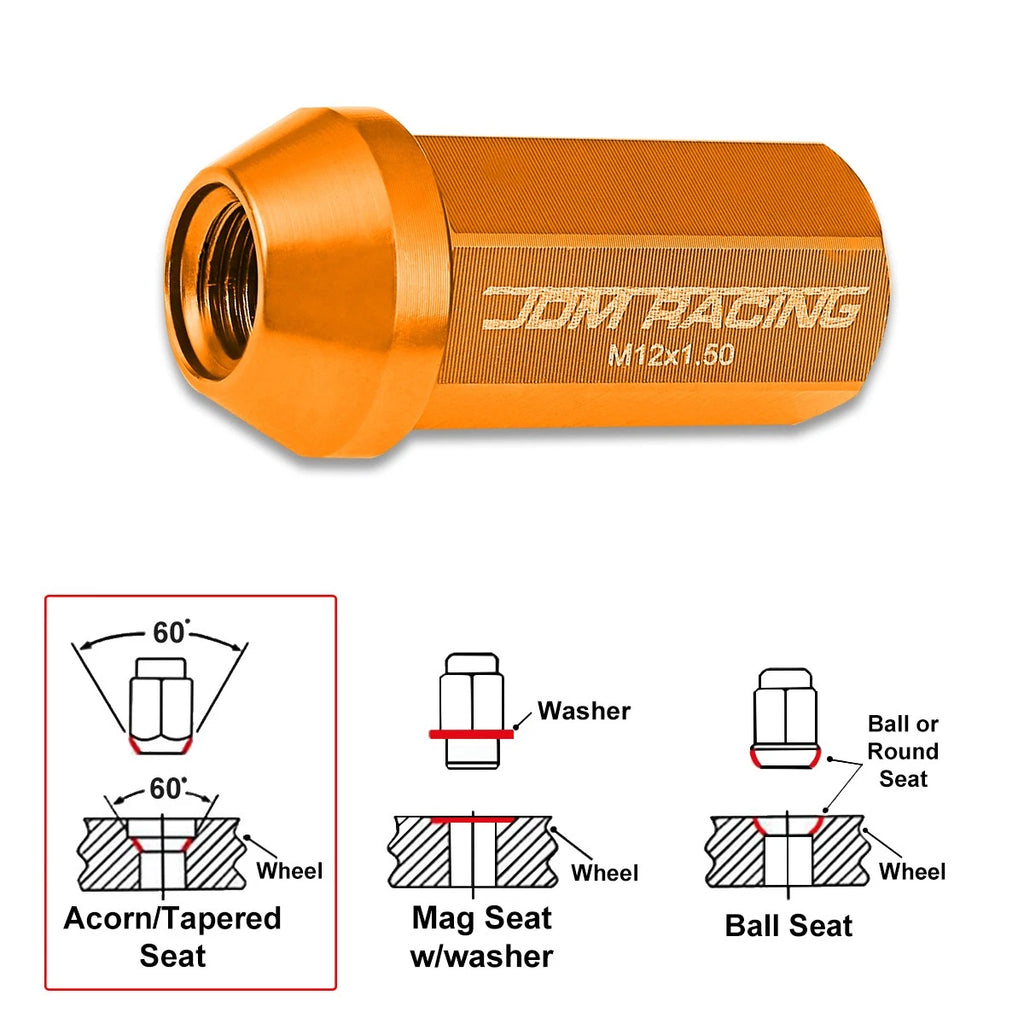 Set of 20 M12X1.5 Orange JDM Closed End Aluminum Wheel Lug Nuts + Extension 25mmx50mm