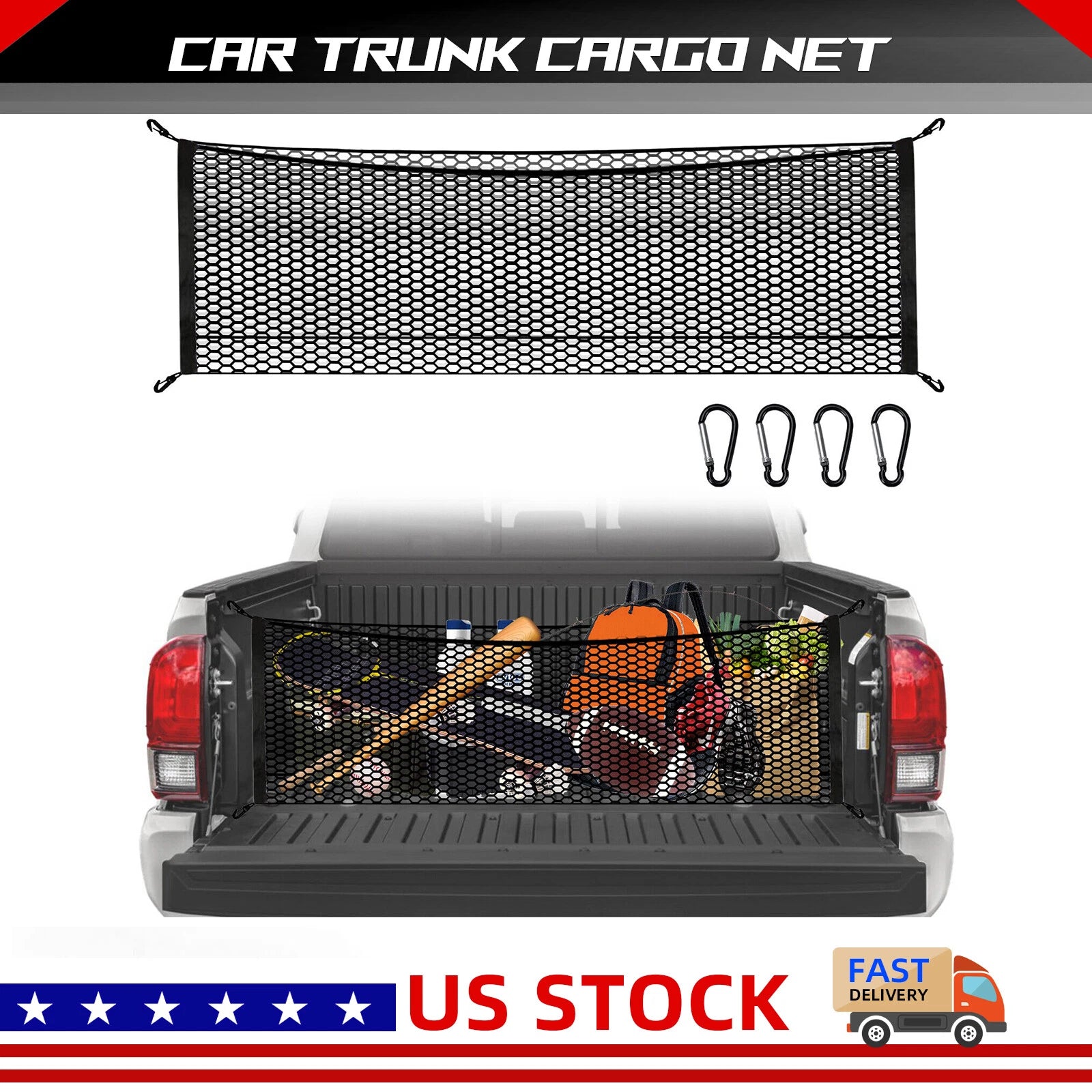 Cargo Net for Chevrolet Silverado, Ford F150, GMC (with 4 Carabiner Buckles)