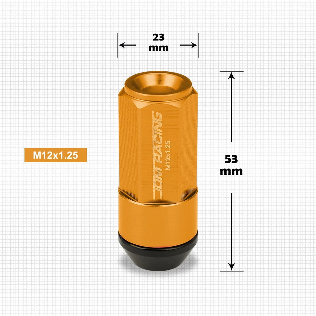 20Pc M12X1.25 Orange JDM Cone Seat Hex Wheel Lug Nut with Cap & Extension