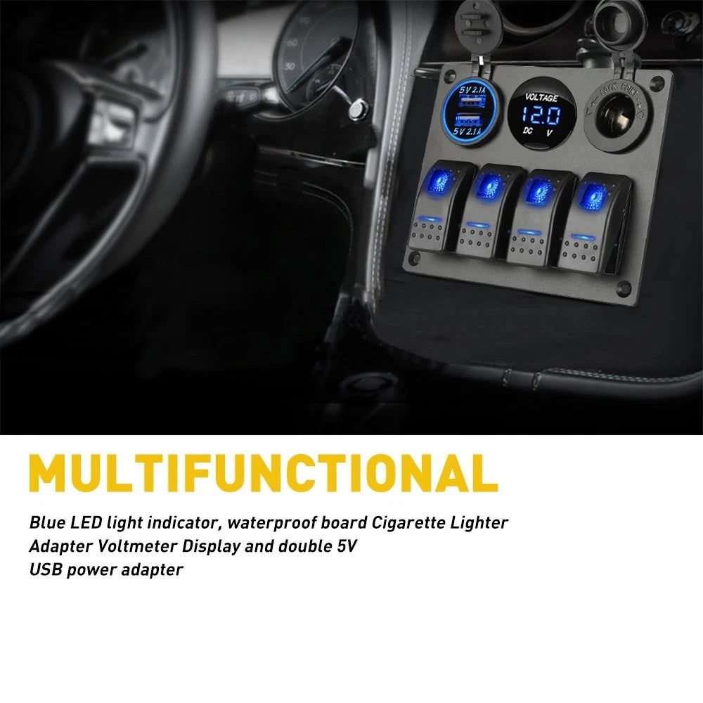 4 Gang USB LED Rocker Switch Toggle Panel for Marine Car Boat