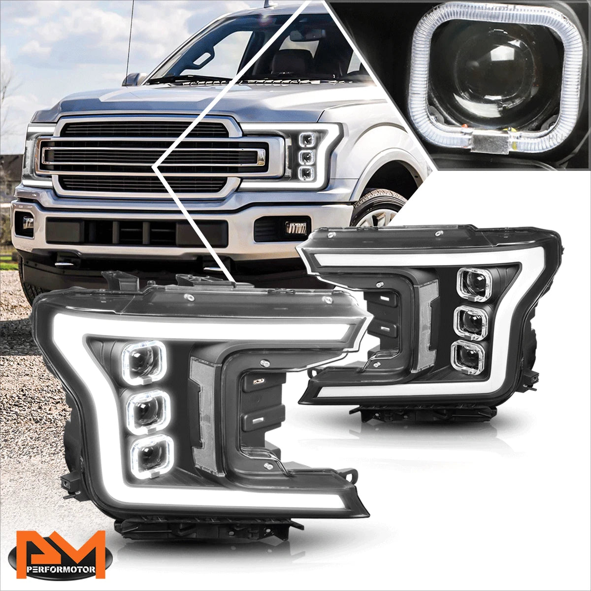 Sequential Square LED DRL Projector Headlights for Ford F150 (2018–2020)