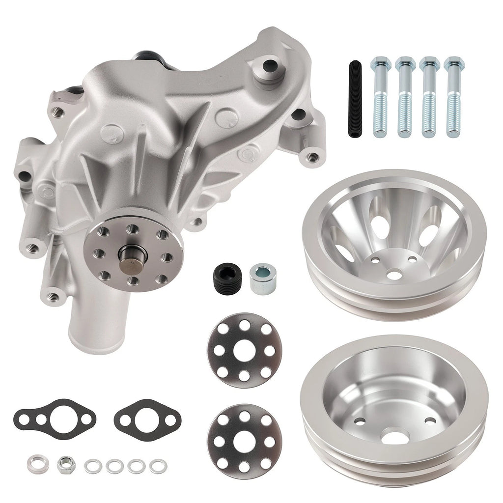 Aluminum Long Water Pump & 2 Groove Crankshaft Pulley Kit for Chevy SBC (305-350)