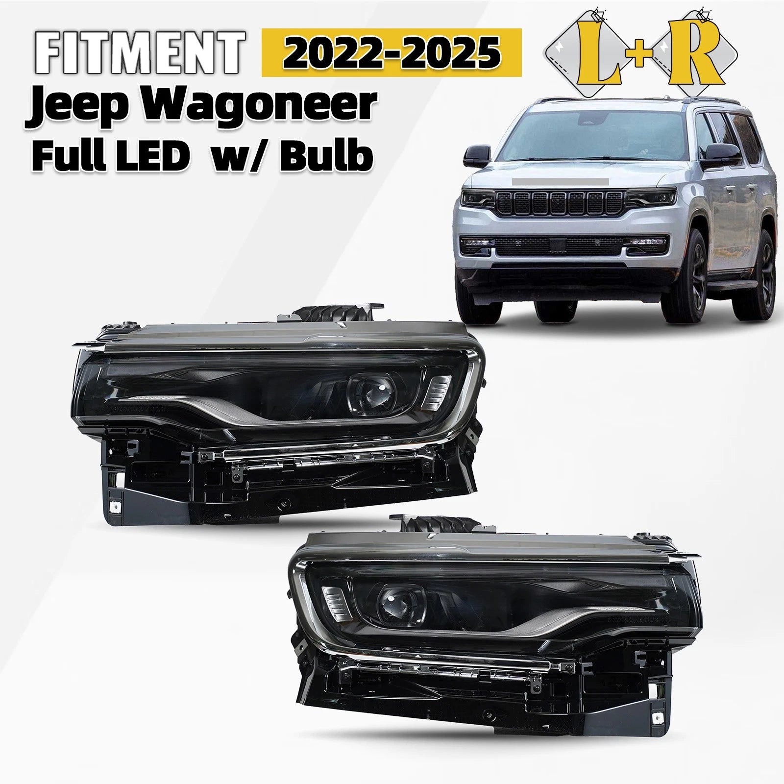 Full LED Chrome Headlights for Jeep Wagoneer (2022–2025) Left+Right Pair