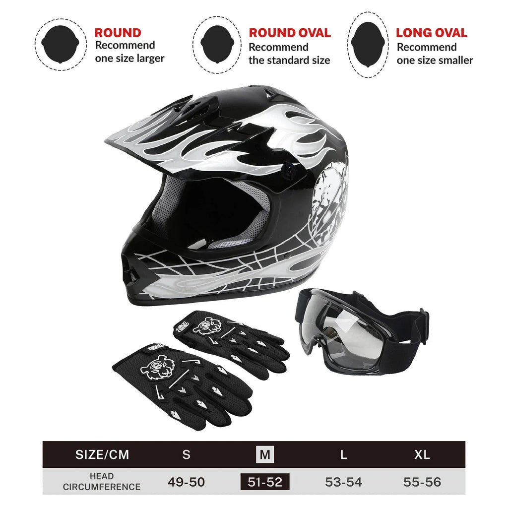 Youth Full Face Motocross Helmet Black Skull for Motorcycle S M L XL
