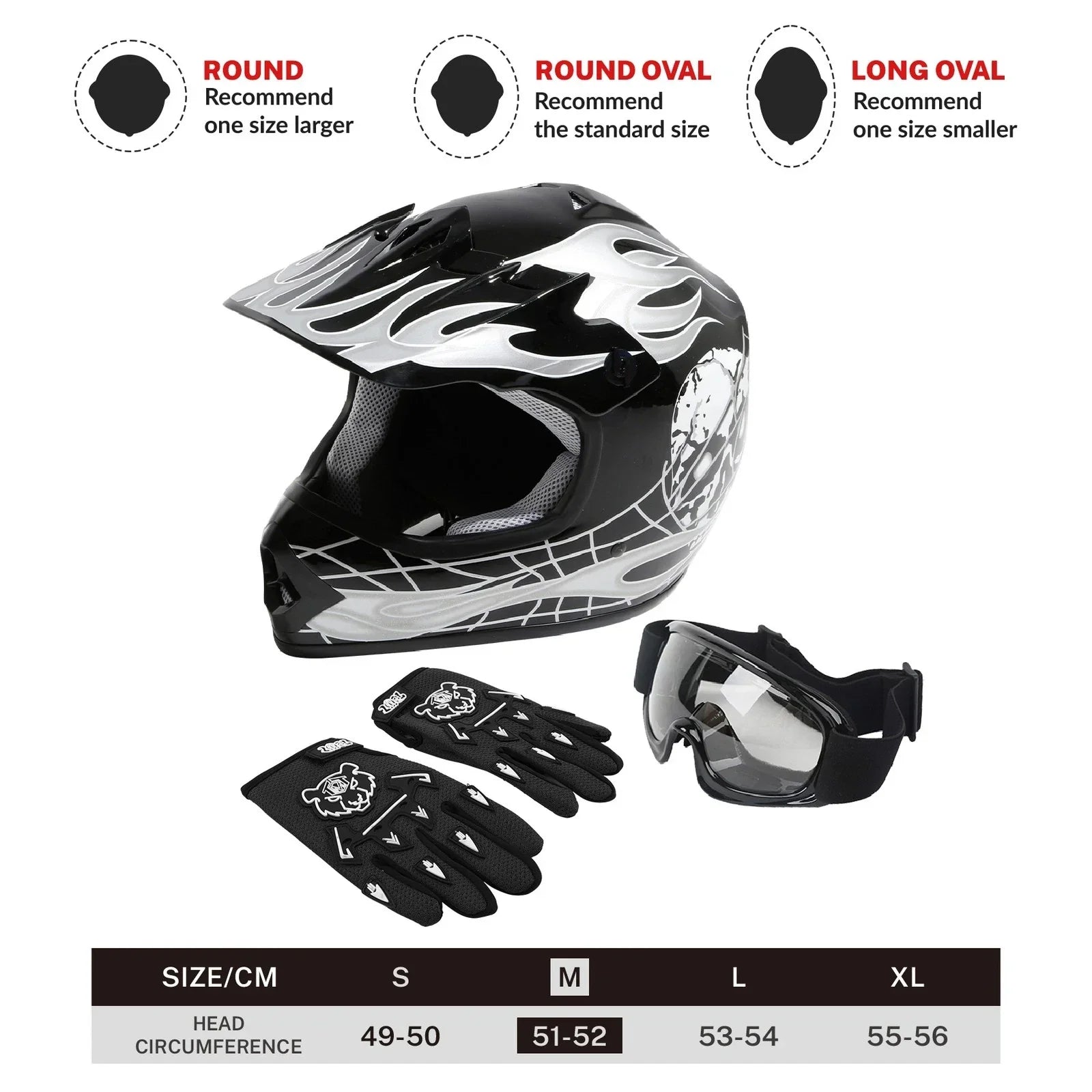 Youth Full Face Motocross Helmet Black Skull for Motorcycle S M L XL