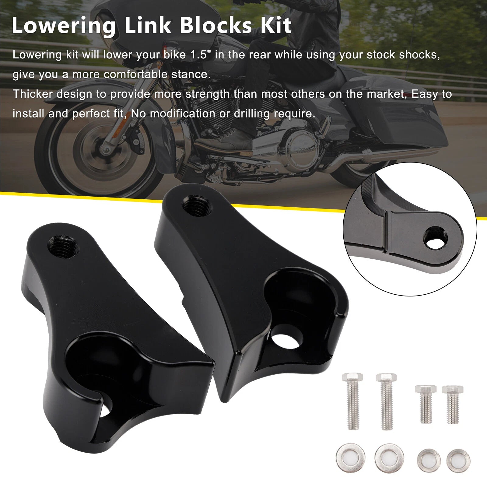 1.5" Lowering Link Blocks Kit for Harley Touring, Street Glide, Road King, Electra (2009–2025)