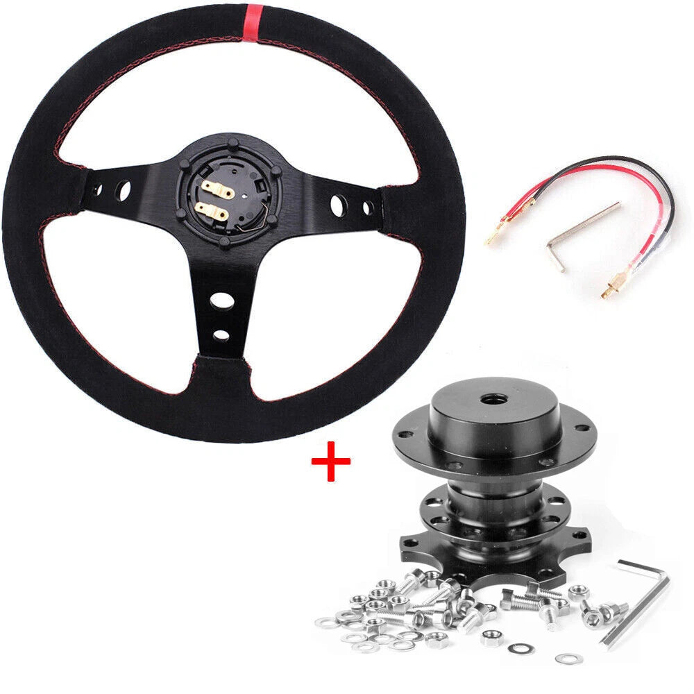 14" Racing Suede Leather Steering Wheel for Universal Vehicles (350mm)