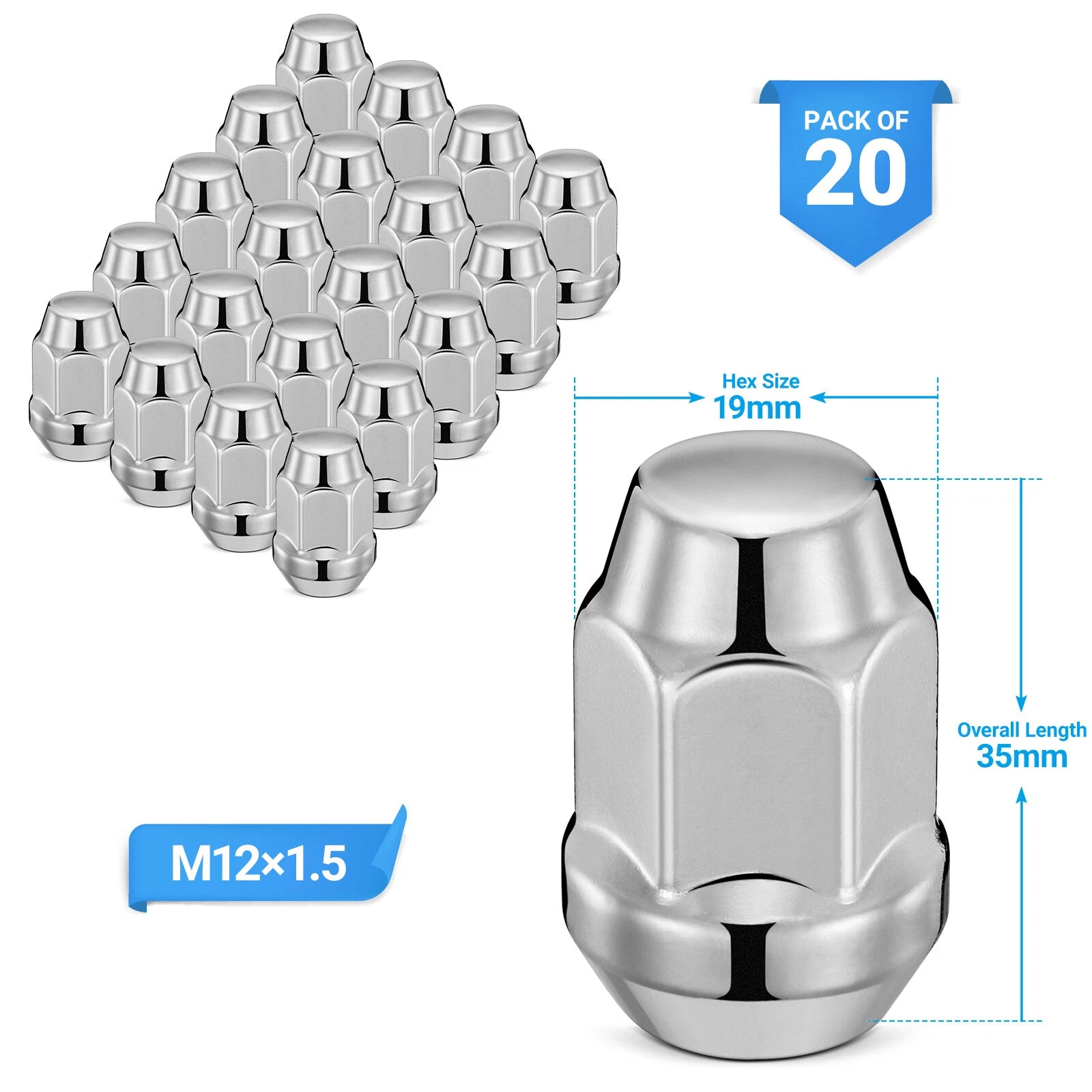 20X Chrome Acorn Lug Nuts for Ford Bronco Escape Focus Fusion