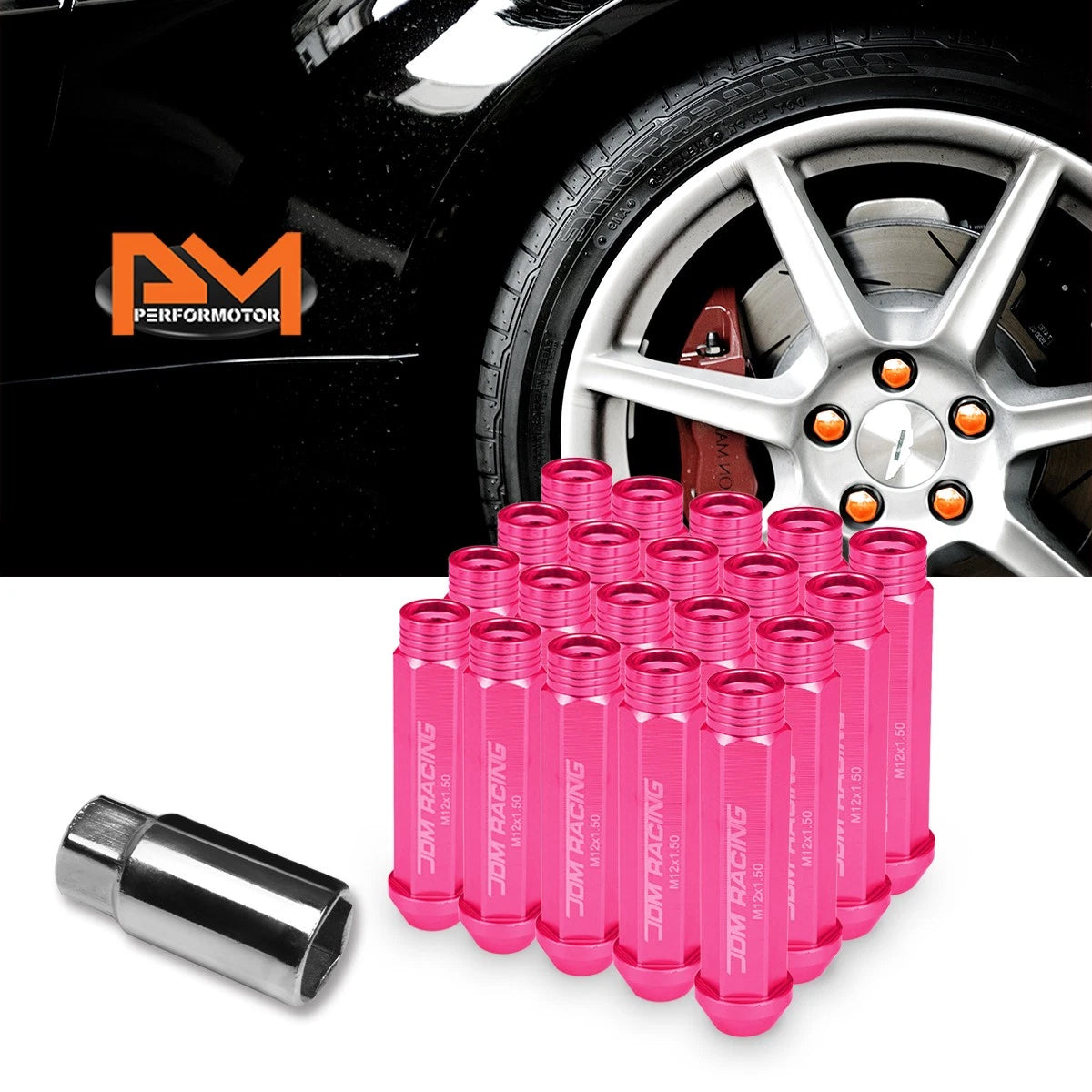 Set of 20 JDM M12X1.5 Pink Open-End Conical Aluminum Lug Nuts + Key