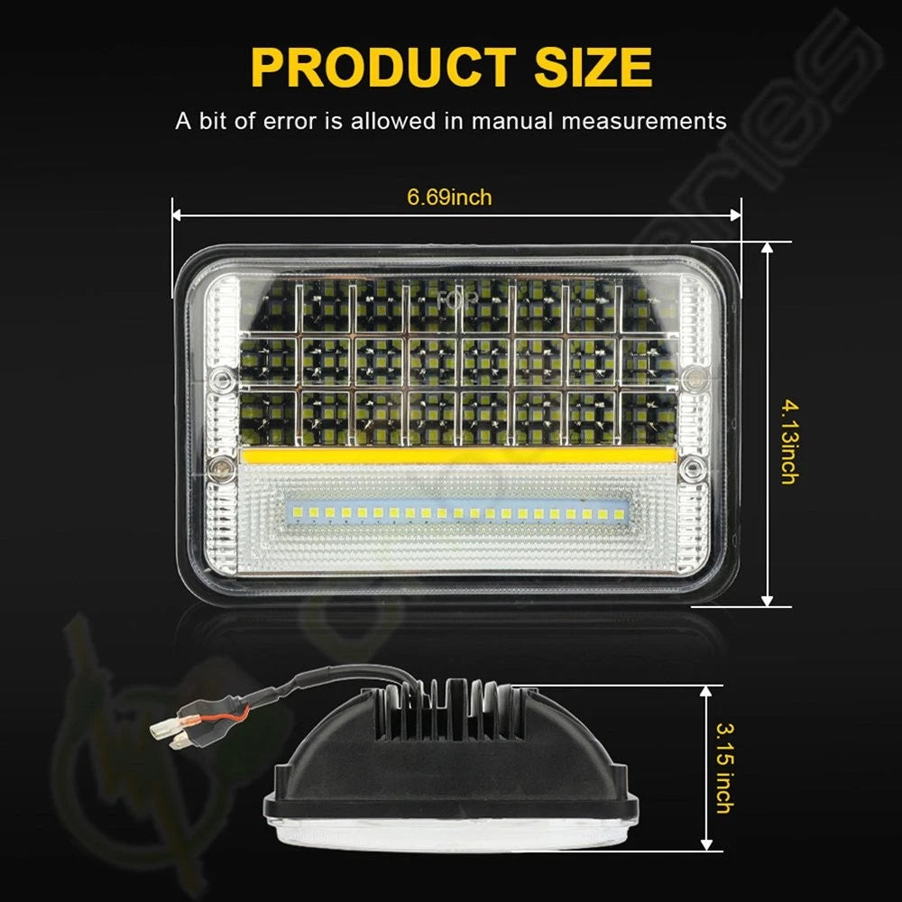 1pc 4"x6" Ultra White Hi/Low Beam DRL Square Headlight Universal