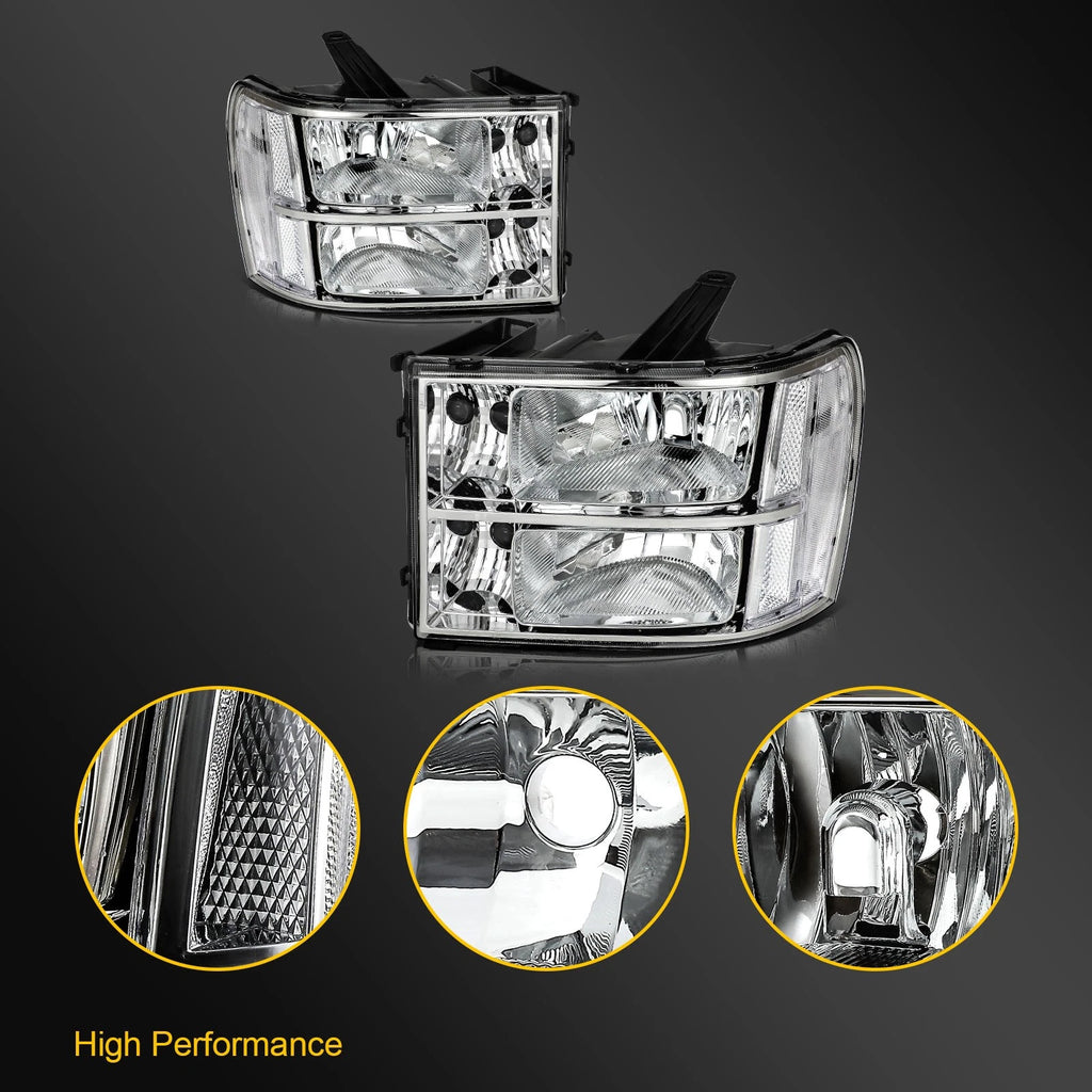 Headlight Assembly for GMC Sierra 1500 (2007–2014) Chrome Left + Right Pair