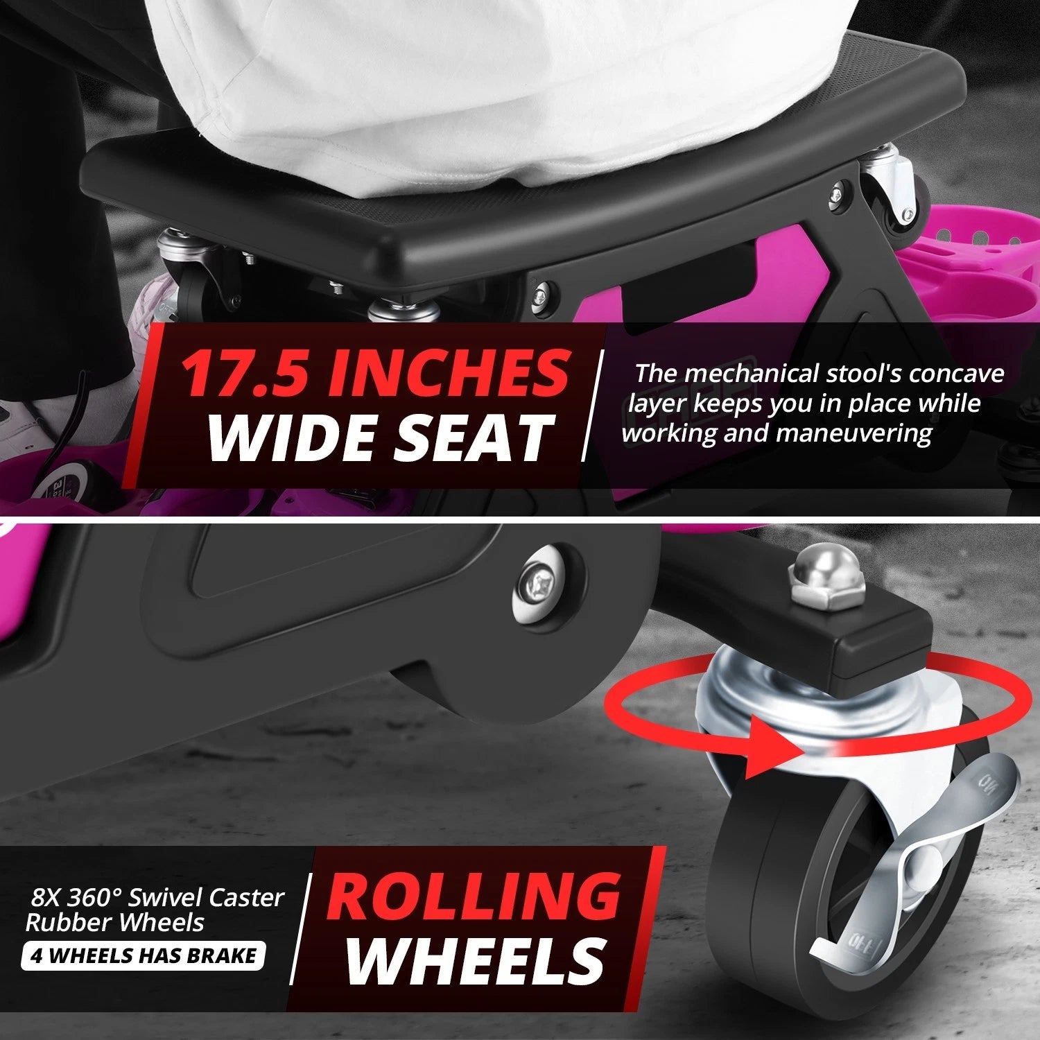 Lockable Rolling Stool for Garage (12" x 25-1/2", 300lbs Capacity)
