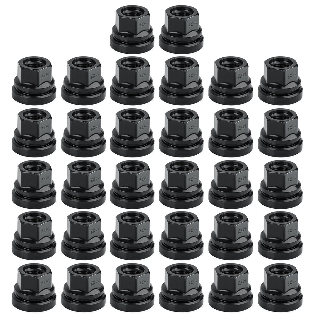 Set of 32 M14x2.0 Lug Nuts for Ford F-250 F-350 (1999–2002) Black Flat Washer