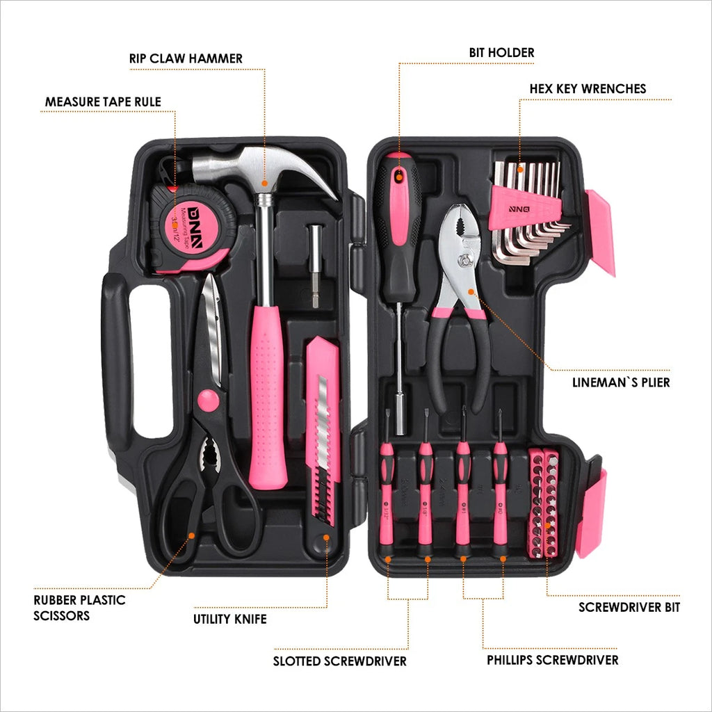 39-Piece Household Toolbox Set for (Pink)