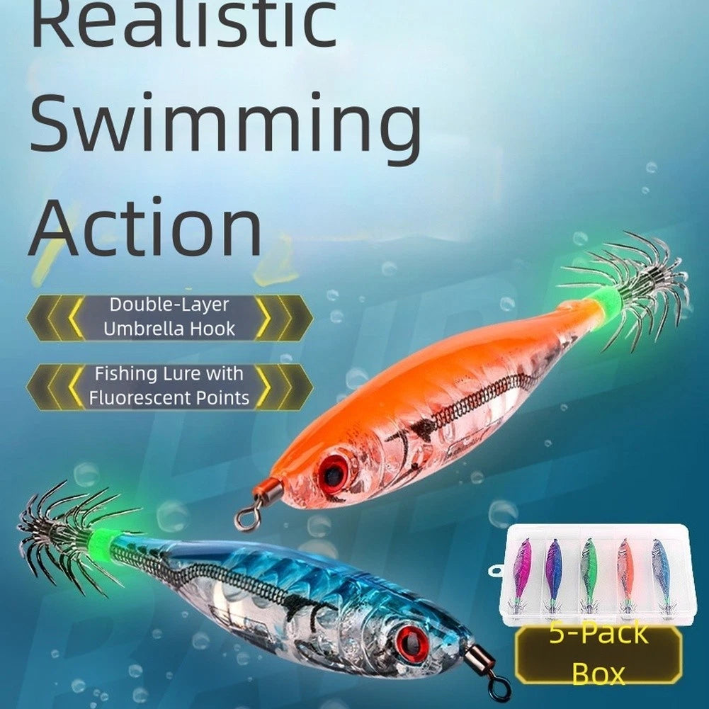 Set of 5 Squid Lure Fishing Baits with Fluorescent Hooks for Night Catch