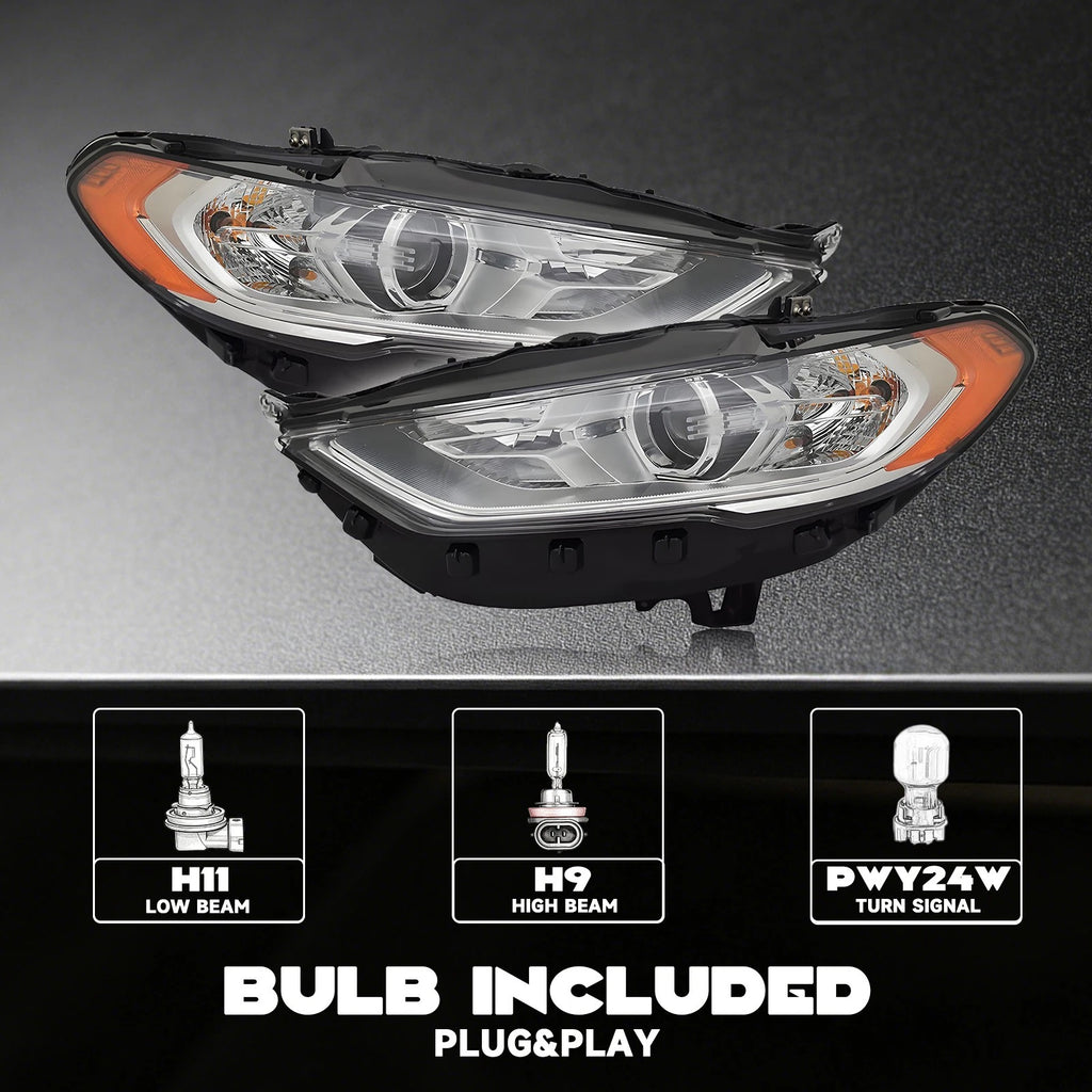 Headlight Set for Ford Fusion (2017–2020) Halogen w/o DRL Left+Right Pair
