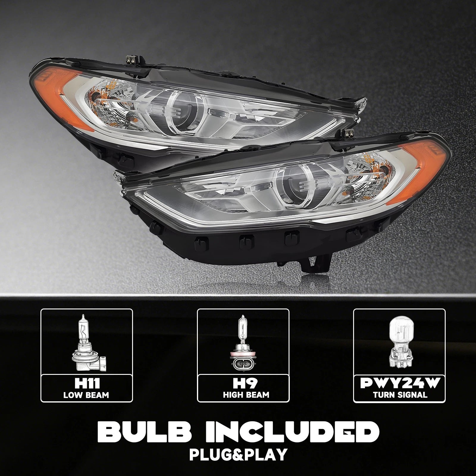 Headlight Set for Ford Fusion (2017–2020) Halogen w/o DRL Left+Right Pair