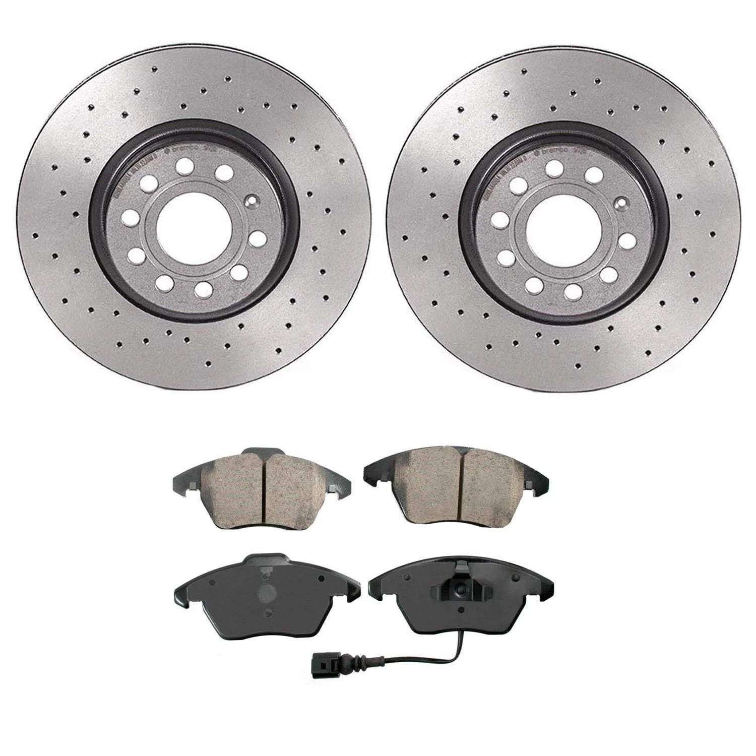 Akebono Euro Front Brake Kit for VW Audi (Xtra Drilled Disc Rotors, Ceramic Pads)