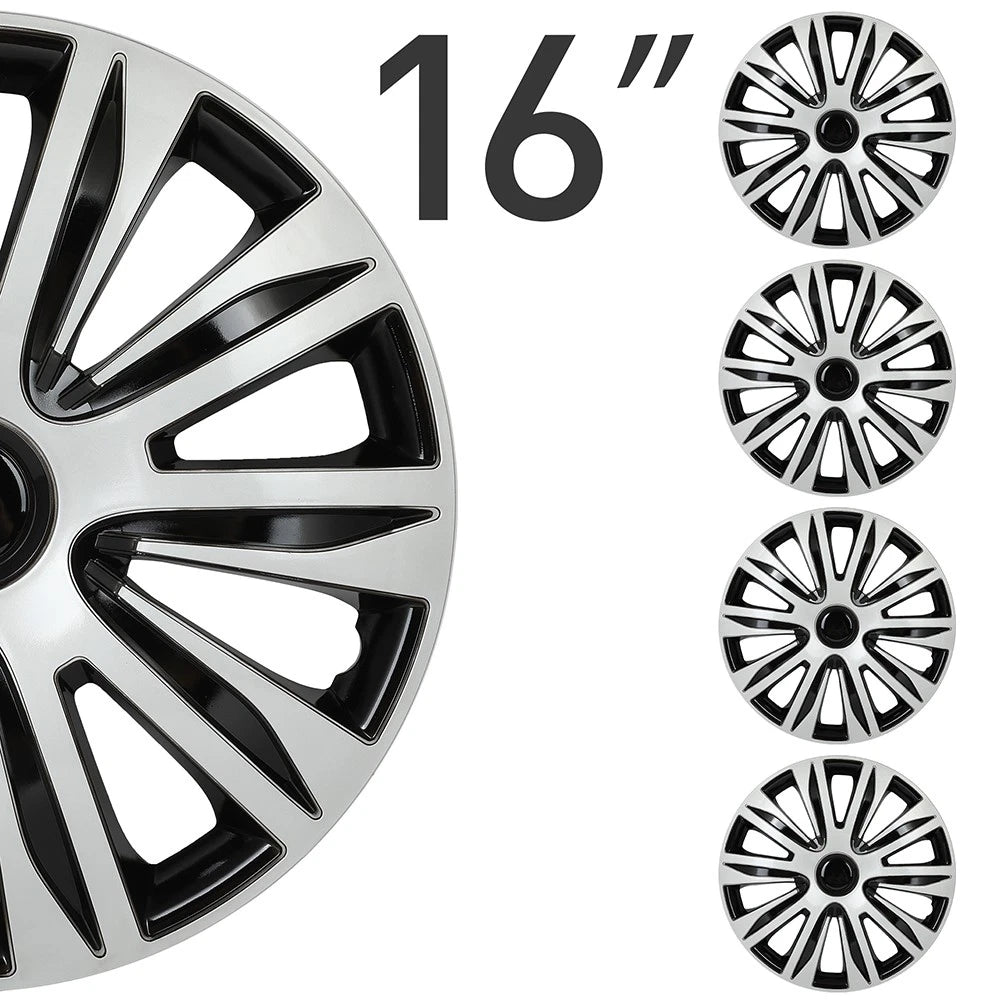 Set of 4 Wheel Hub Caps for All Models 16" Black & Silver Trim