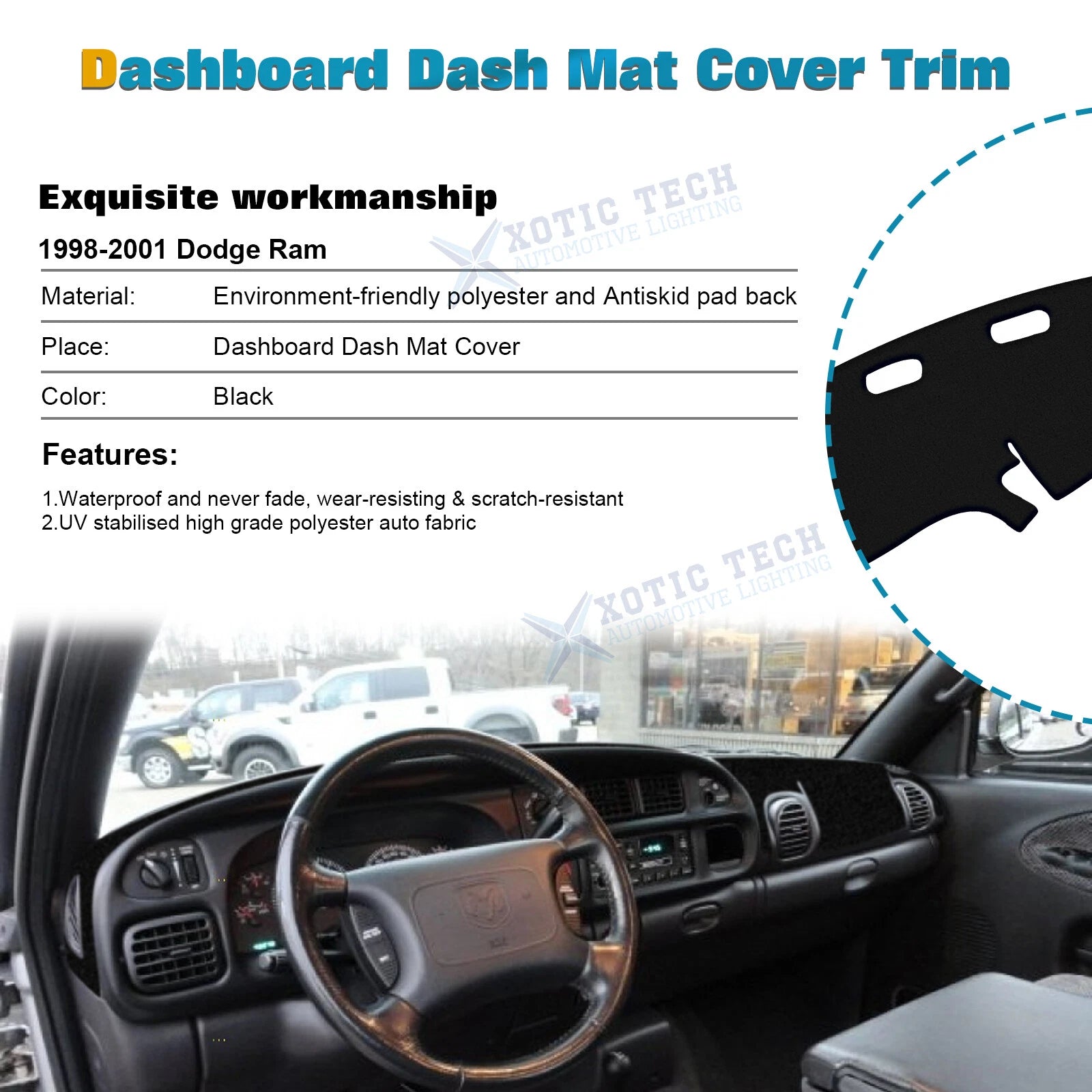 Dashboard Dash Cover Carpet Mat Pad for 1998-2001 Dodge Ram 1500-3500