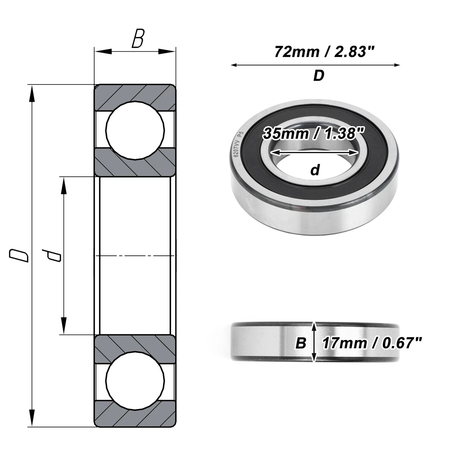 6207VV Deep Groove Ball Bearing for Scooter Skateboard Wheel (35x72x17mm)