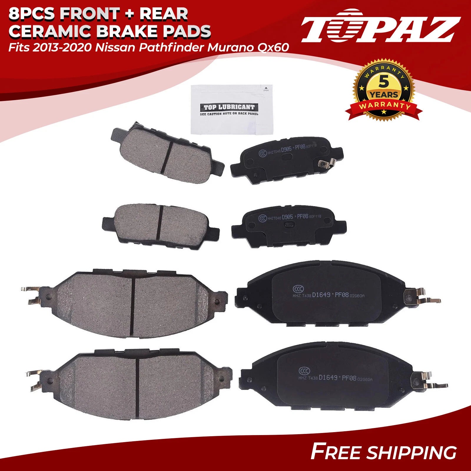 Set of 8 Ceramic Brake Pads for Nissan Pathfinder Murano QX60 (2013–2020)