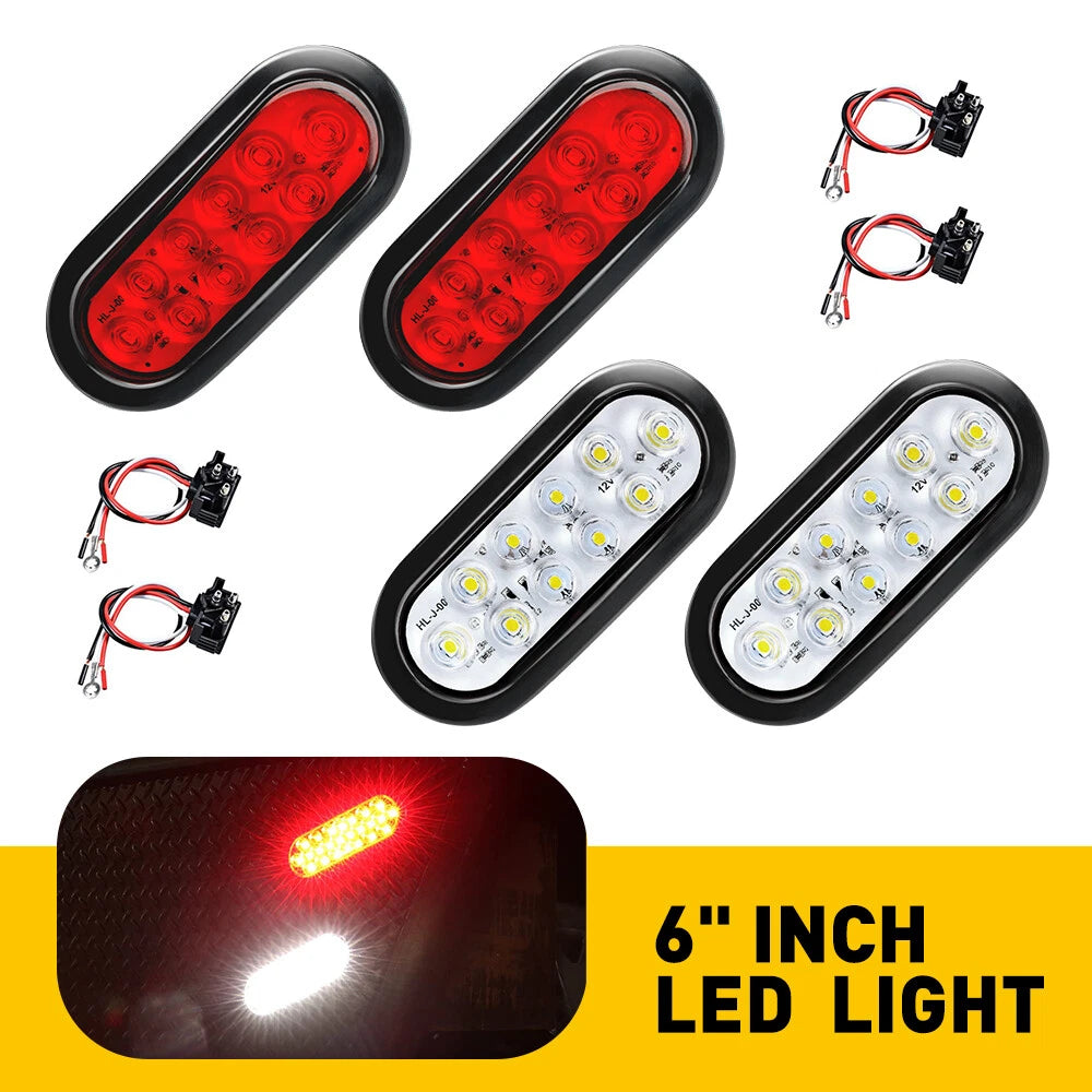 Set of 4 Oval Red White LED Stop Turn Tail Lights for Trailer Truck