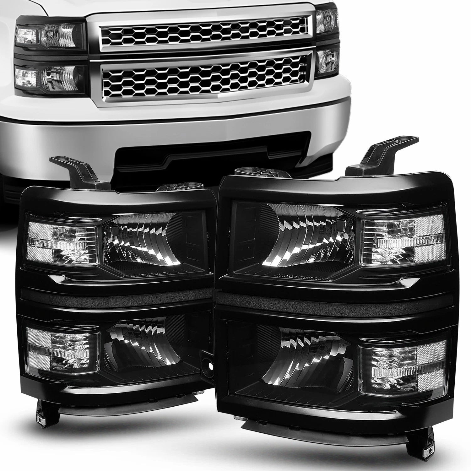 Set of 2 Black Headlight Assemblies for Chevy Silverado 1500 (2014–2015)