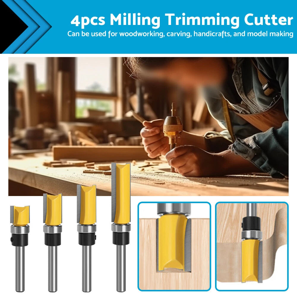 4pcs 1/4 Shank Top Bearing Flush Trim Router Bit Set for Router
