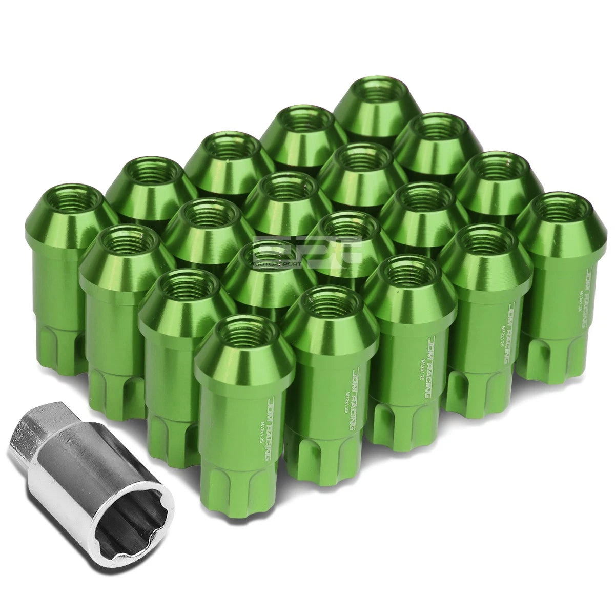 20 PCS Open End M12x1.25 50mm Tall Green Aluminum Lug Nuts + Lock Key