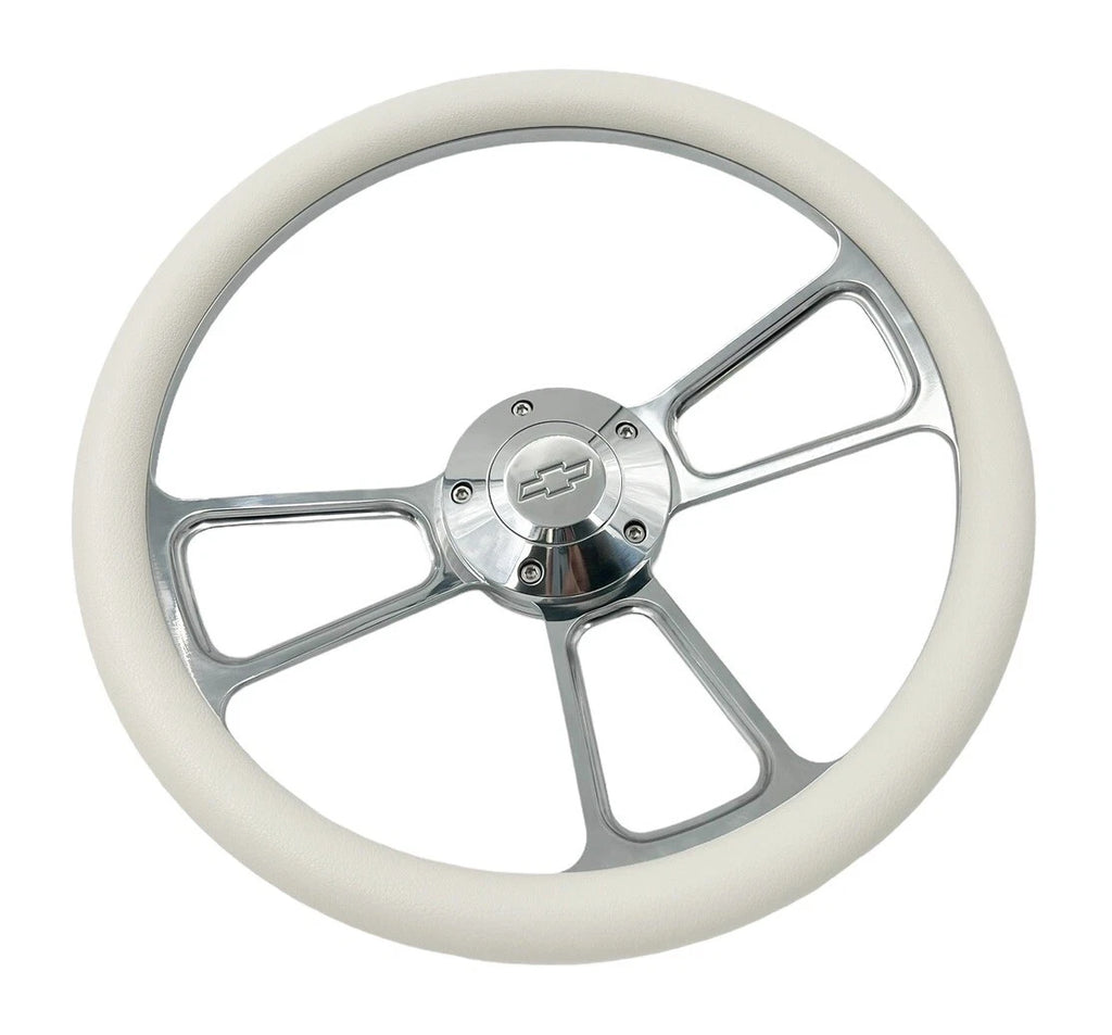 14 Inch Billet Steering Wheel with White Wrap and Chevy Bowtie for Vehicle (2010–2020)